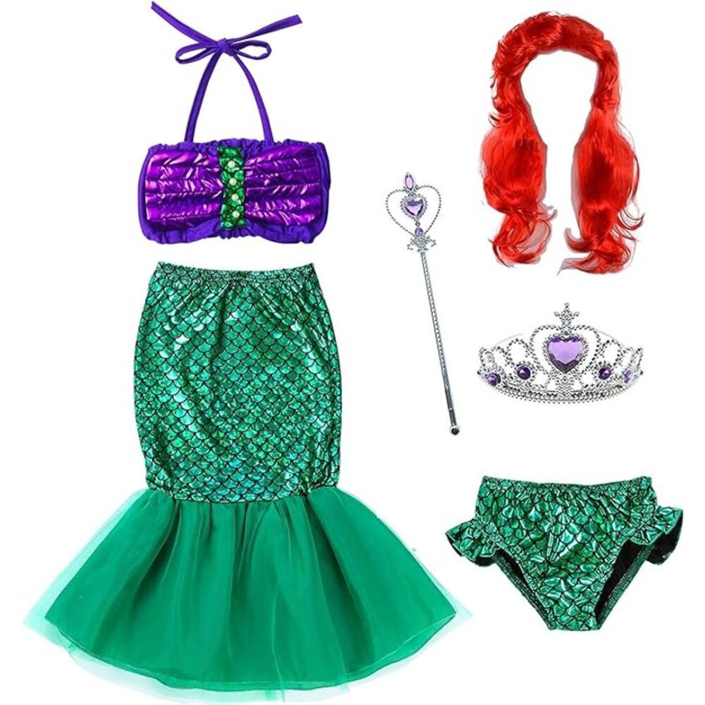 Green Mermaid Little girls  Princess Swimwear dress costume wig Wand 1.5-2 Age